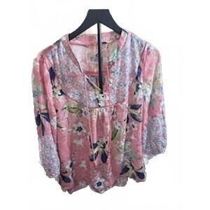 Cupio Women's XL Pink Floral Lace Trim Blouse